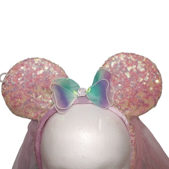 Disney Parks Resort Minnie Mouse Ears Fairy Wings Sequin Pink Purple Tulle Veil - Picture 2 of 8
